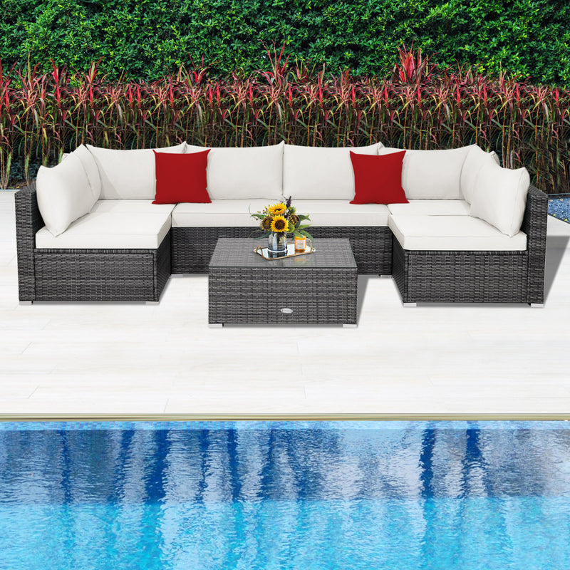 Costway - 7 Pieces Patio Rattan Furniture Set Sectional Sofa Garden Cushion-White