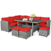 Costway - 7 Pieces Patio Rattan Dining Furniture Sectional Sofa Set with Wicker Ottoman-Red