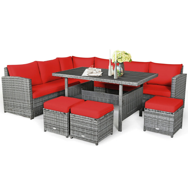 Costway - 7 Pieces Patio Rattan Dining Furniture Sectional Sofa Set with Wicker Ottoman-Red