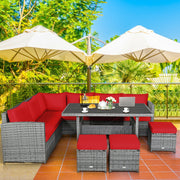 Costway - 7 Pieces Patio Rattan Dining Furniture Sectional Sofa Set with Wicker Ottoman-Red