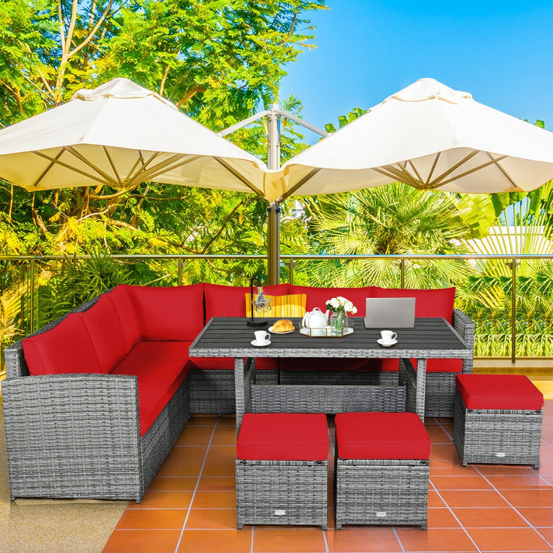 Costway - 7 Pieces Patio Rattan Dining Furniture Sectional Sofa Set with Wicker Ottoman-Red