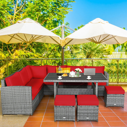 Costway - 7 Pieces Patio Rattan Dining Furniture Sectional Sofa Set with Wicker Ottoman-Red