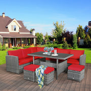Costway - 7 Pieces Patio Rattan Dining Furniture Sectional Sofa Set with Wicker Ottoman-Red