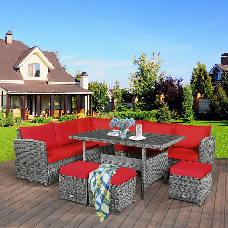 Costway - 7 Pieces Patio Rattan Dining Furniture Sectional Sofa Set with Wicker Ottoman-Red