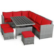 Costway - 7 Pieces Patio Rattan Dining Furniture Sectional Sofa Set with Wicker Ottoman-Red