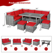 Costway - 7 Pieces Patio Rattan Dining Furniture Sectional Sofa Set with Wicker Ottoman-Red