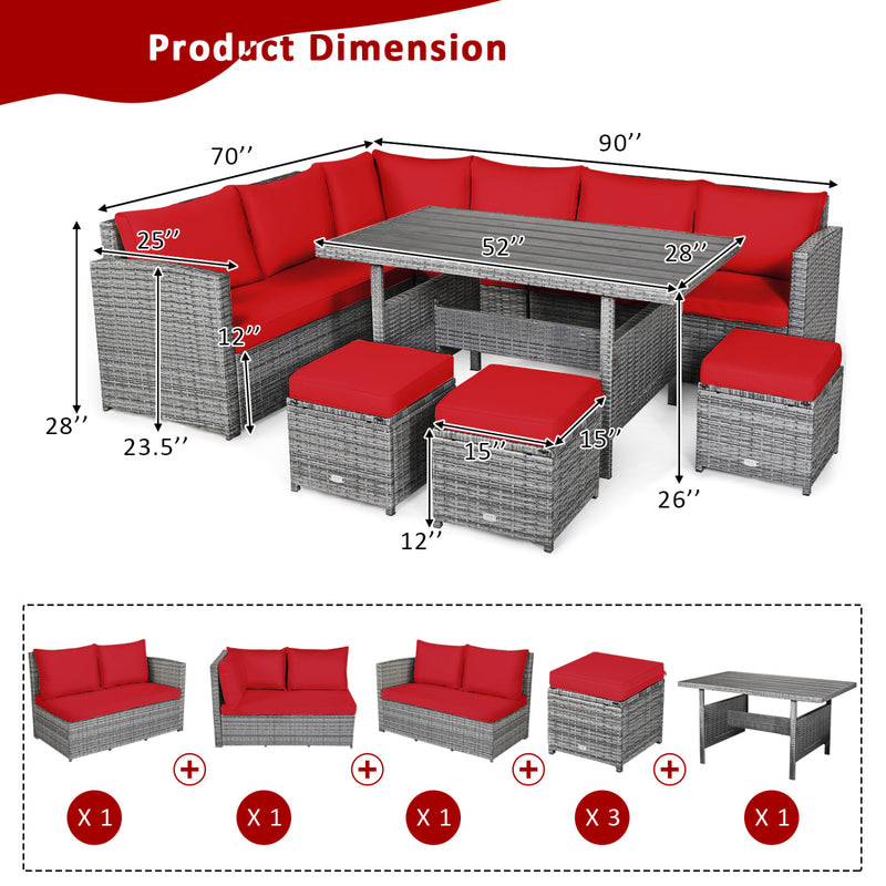 Costway - 7 Pieces Patio Rattan Dining Furniture Sectional Sofa Set with Wicker Ottoman-Red
