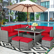 Costway - 7 Pieces Patio Rattan Dining Furniture Sectional Sofa Set with Wicker Ottoman-Red