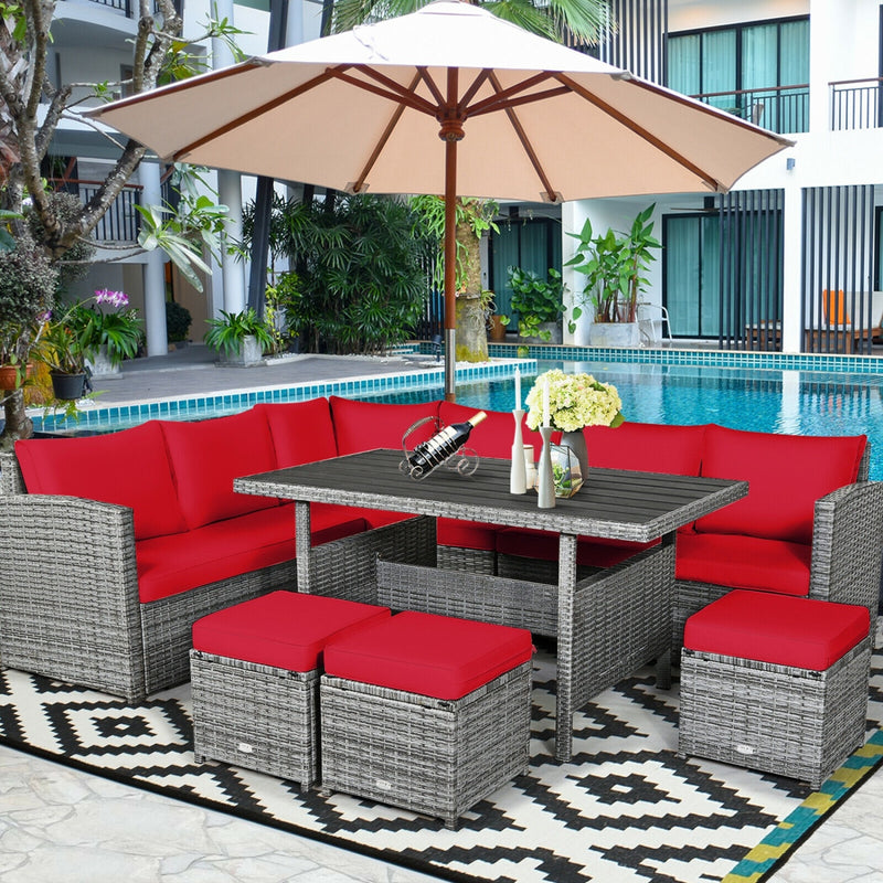 Costway - 7 Pieces Patio Rattan Dining Furniture Sectional Sofa Set with Wicker Ottoman-Red