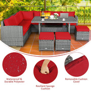 Costway - 7 Pieces Patio Rattan Dining Furniture Sectional Sofa Set with Wicker Ottoman-Red