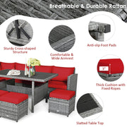 Costway - 7 Pieces Patio Rattan Dining Furniture Sectional Sofa Set with Wicker Ottoman-Red
