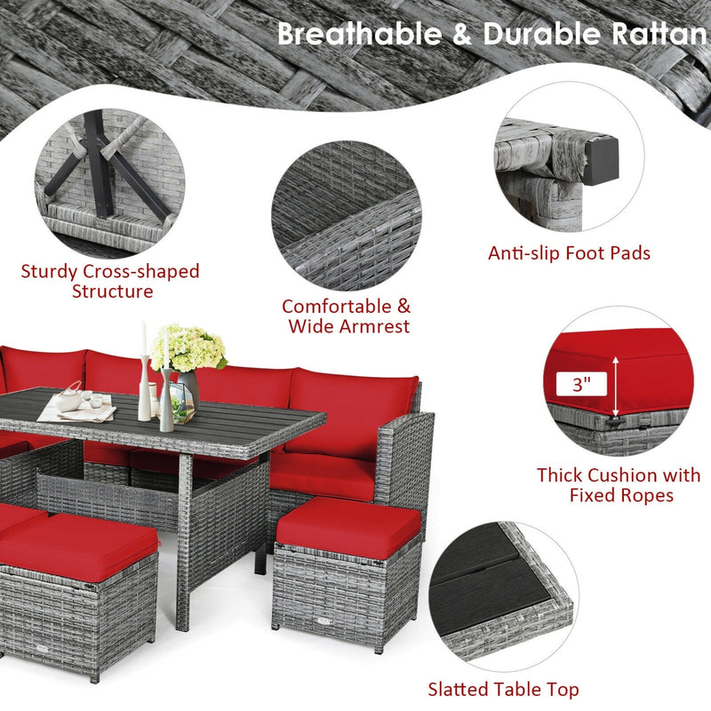 Costway - 7 Pieces Patio Rattan Dining Furniture Sectional Sofa Set with Wicker Ottoman-Red
