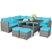 Costway - 7 Pieces Patio Rattan Dining Furniture Sectional Sofa Set with Wicker Ottoman-Turquoise