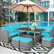 Costway - 7 Pieces Patio Rattan Dining Furniture Sectional Sofa Set with Wicker Ottoman-Turquoise