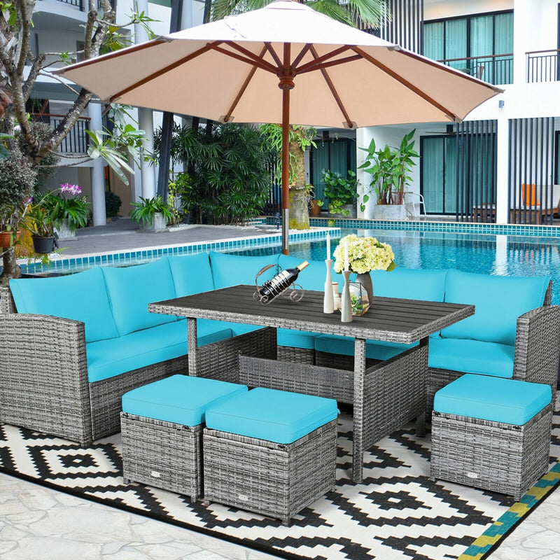 Costway - 7 Pieces Patio Rattan Dining Furniture Sectional Sofa Set with Wicker Ottoman-Turquoise