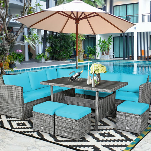 Costway - 7 Pieces Patio Rattan Dining Furniture Sectional Sofa Set with Wicker Ottoman-Turquoise