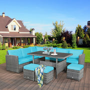Costway - 7 Pieces Patio Rattan Dining Furniture Sectional Sofa Set with Wicker Ottoman-Turquoise