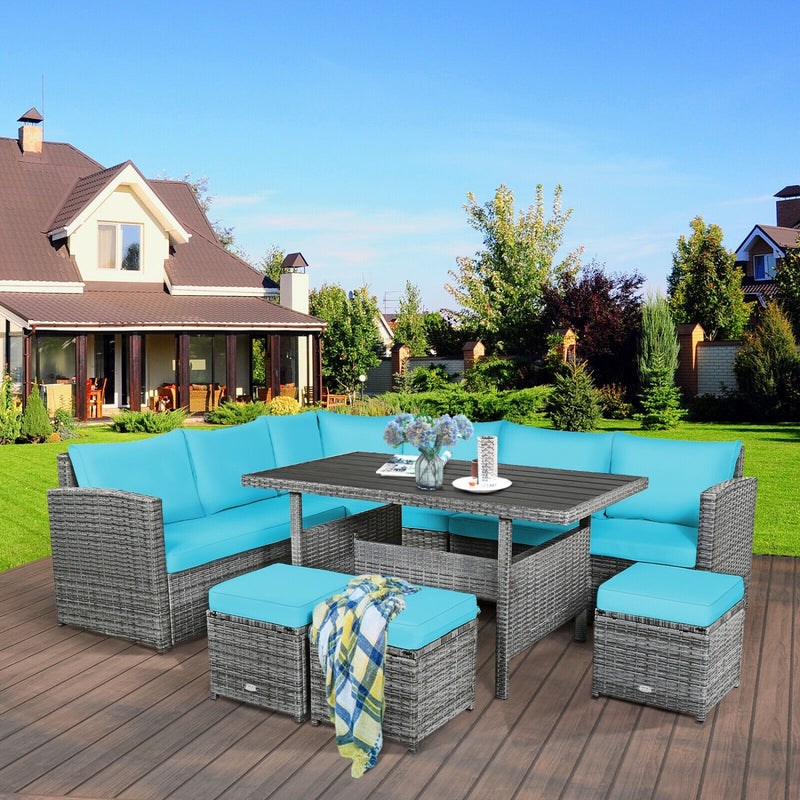 Costway - 7 Pieces Patio Rattan Dining Furniture Sectional Sofa Set with Wicker Ottoman-Turquoise