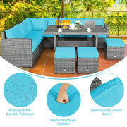 Costway - 7 Pieces Patio Rattan Dining Furniture Sectional Sofa Set with Wicker Ottoman-Turquoise