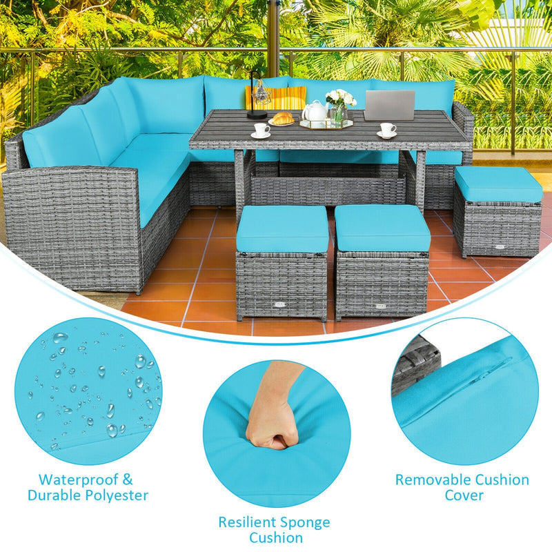 Costway - 7 Pieces Patio Rattan Dining Furniture Sectional Sofa Set with Wicker Ottoman-Turquoise