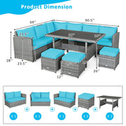 Costway - 7 Pieces Patio Rattan Dining Furniture Sectional Sofa Set with Wicker Ottoman-Turquoise