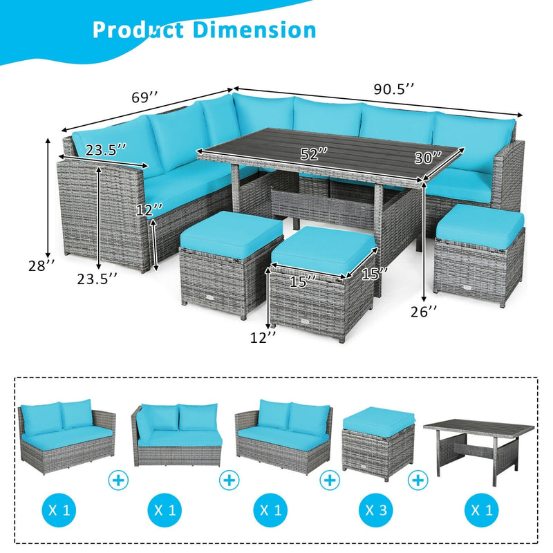 Costway - 7 Pieces Patio Rattan Dining Furniture Sectional Sofa Set with Wicker Ottoman-Turquoise