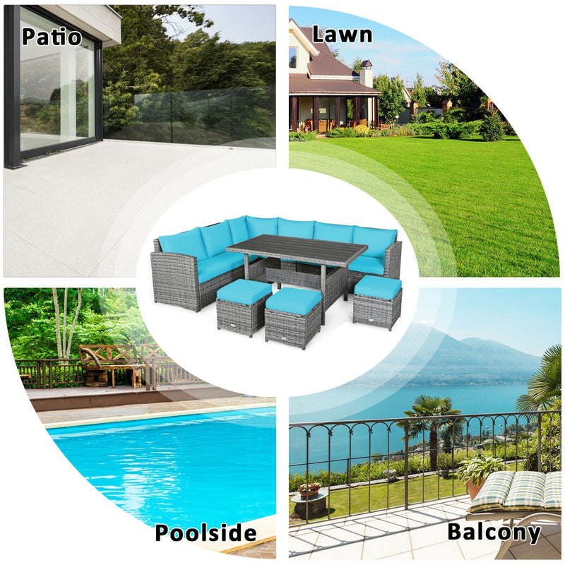 Costway - 7 Pieces Patio Rattan Dining Furniture Sectional Sofa Set with Wicker Ottoman-Turquoise