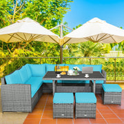 Costway - 7 Pieces Patio Rattan Dining Furniture Sectional Sofa Set with Wicker Ottoman-Turquoise