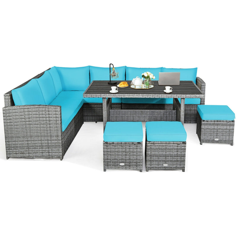 Costway - 7 Pieces Patio Rattan Dining Furniture Sectional Sofa Set with Wicker Ottoman-Turquoise