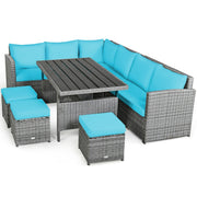 Costway - 7 Pieces Patio Rattan Dining Furniture Sectional Sofa Set with Wicker Ottoman-Turquoise