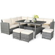 Costway - 7 Pieces Patio Rattan Dining Furniture Sectional Sofa Set with Wicker Ottoman-Beige