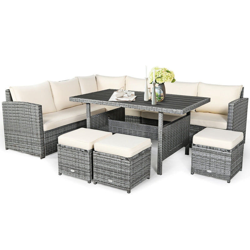 Costway - 7 Pieces Patio Rattan Dining Furniture Sectional Sofa Set with Wicker Ottoman-Beige