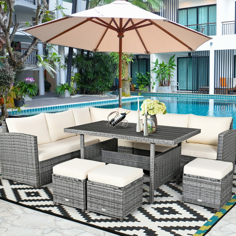 Costway - 7 Pieces Patio Rattan Dining Furniture Sectional Sofa Set with Wicker Ottoman-Beige