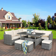 Costway - 7 Pieces Patio Rattan Dining Furniture Sectional Sofa Set with Wicker Ottoman-Beige