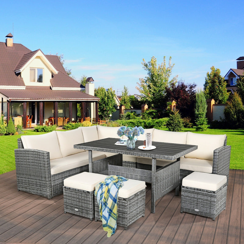 Costway - 7 Pieces Patio Rattan Dining Furniture Sectional Sofa Set with Wicker Ottoman-Beige