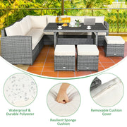Costway - 7 Pieces Patio Rattan Dining Furniture Sectional Sofa Set with Wicker Ottoman-Beige