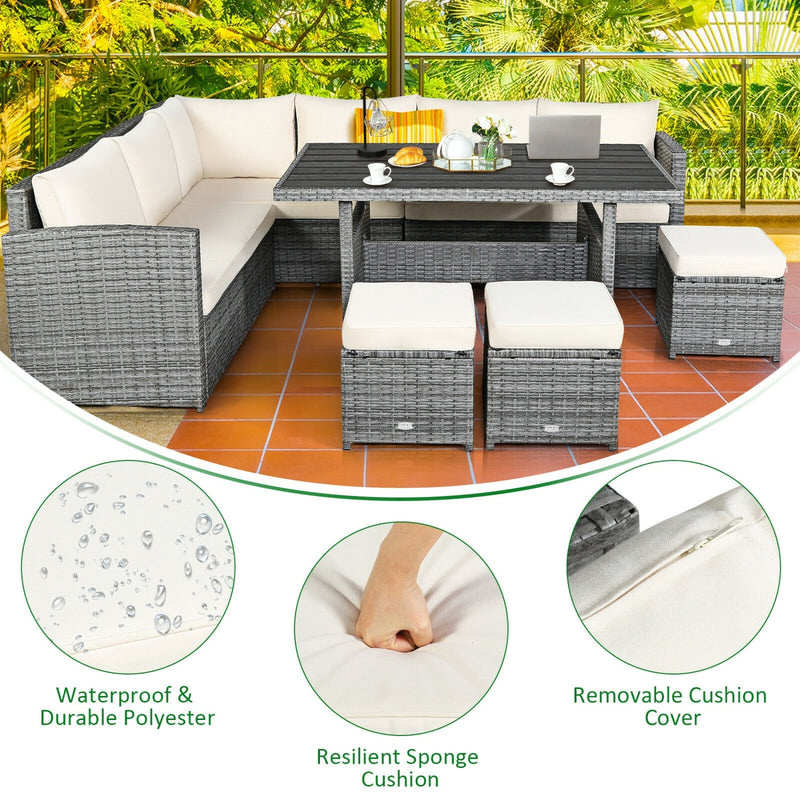 Costway - 7 Pieces Patio Rattan Dining Furniture Sectional Sofa Set with Wicker Ottoman-Beige