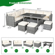 Costway - 7 Pieces Patio Rattan Dining Furniture Sectional Sofa Set with Wicker Ottoman-Beige