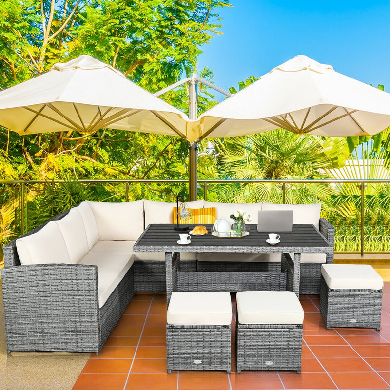Costway - 7 Pieces Patio Rattan Dining Furniture Sectional Sofa Set with Wicker Ottoman-Beige