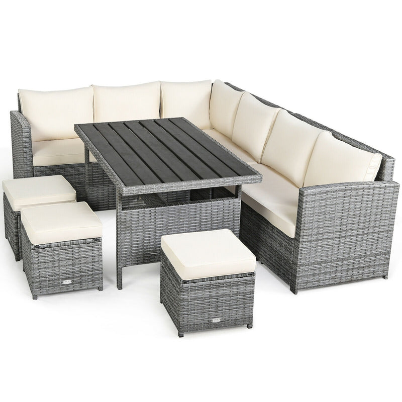 Costway - 7 Pieces Patio Rattan Dining Furniture Sectional Sofa Set with Wicker Ottoman-Beige
