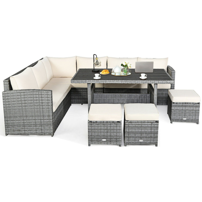 Costway - 7 Pieces Patio Rattan Dining Furniture Sectional Sofa Set with Wicker Ottoman-Beige