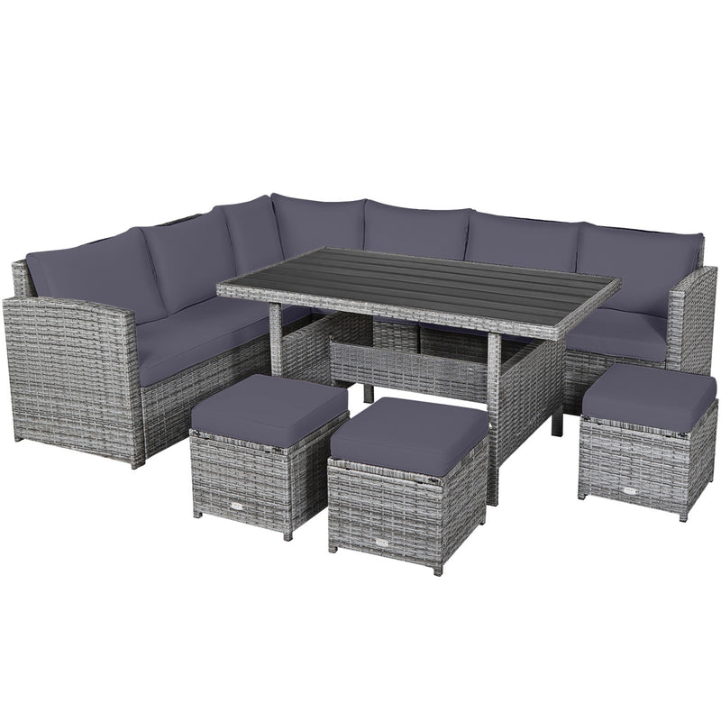 Costway - 7 Pieces Patio Rattan Dining Furniture Sectional Sofa Set with Wicker Ottoman-Gray