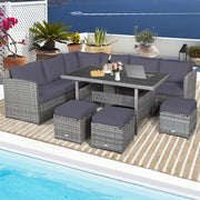 Costway - 7 Pieces Patio Rattan Dining Furniture Sectional Sofa Set with Wicker Ottoman-Gray