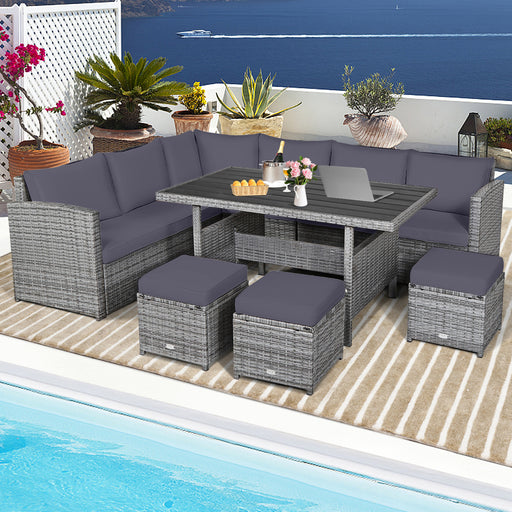 Costway - 7 Pieces Patio Rattan Dining Furniture Sectional Sofa Set with Wicker Ottoman-Gray