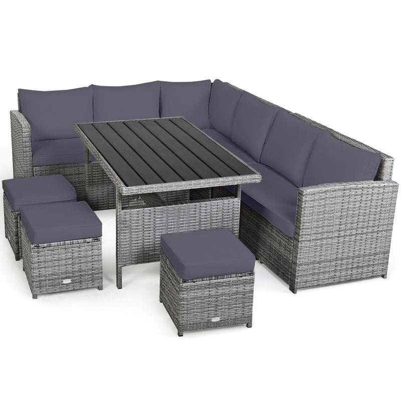 Costway - 7 Pieces Patio Rattan Dining Furniture Sectional Sofa Set with Wicker Ottoman-Gray