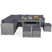 Costway - 7 Pieces Patio Rattan Dining Furniture Sectional Sofa Set with Wicker Ottoman-Gray