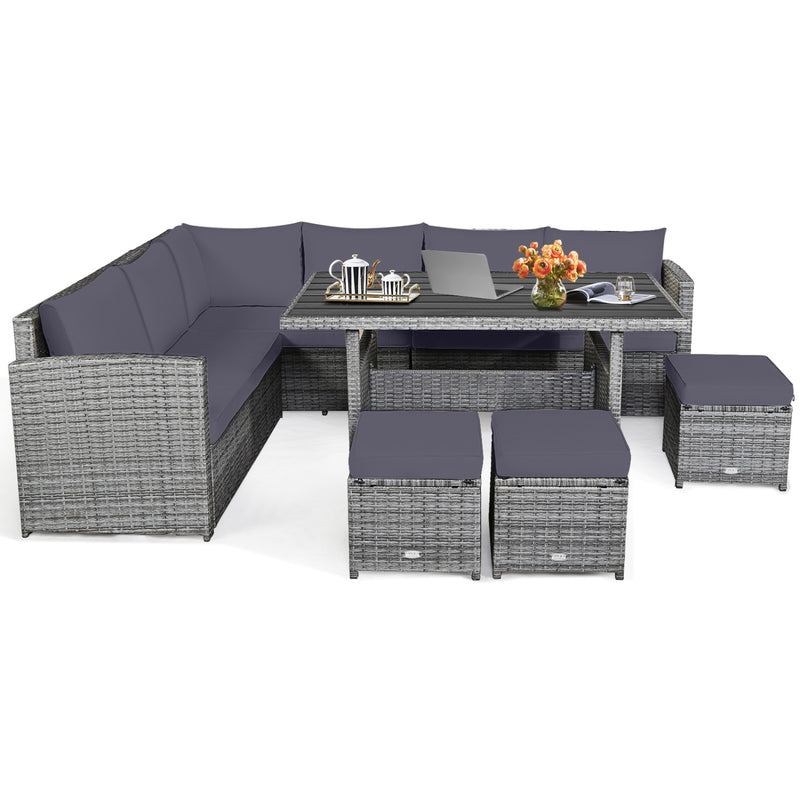 Costway - 7 Pieces Patio Rattan Dining Furniture Sectional Sofa Set with Wicker Ottoman-Gray