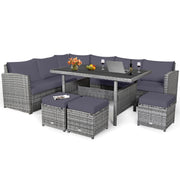 Costway - 7 Pieces Patio Rattan Dining Furniture Sectional Sofa Set with Wicker Ottoman-Gray
