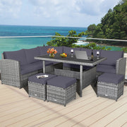 Costway - 7 Pieces Patio Rattan Dining Furniture Sectional Sofa Set with Wicker Ottoman-Gray