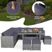 Costway - 7 Pieces Patio Rattan Dining Furniture Sectional Sofa Set with Wicker Ottoman-Gray